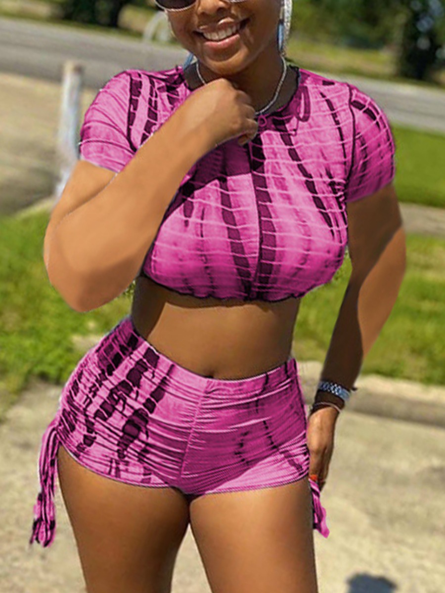 

Lovely Street Tie-dye Drawstring Rose Red Two Piece Shorts Set