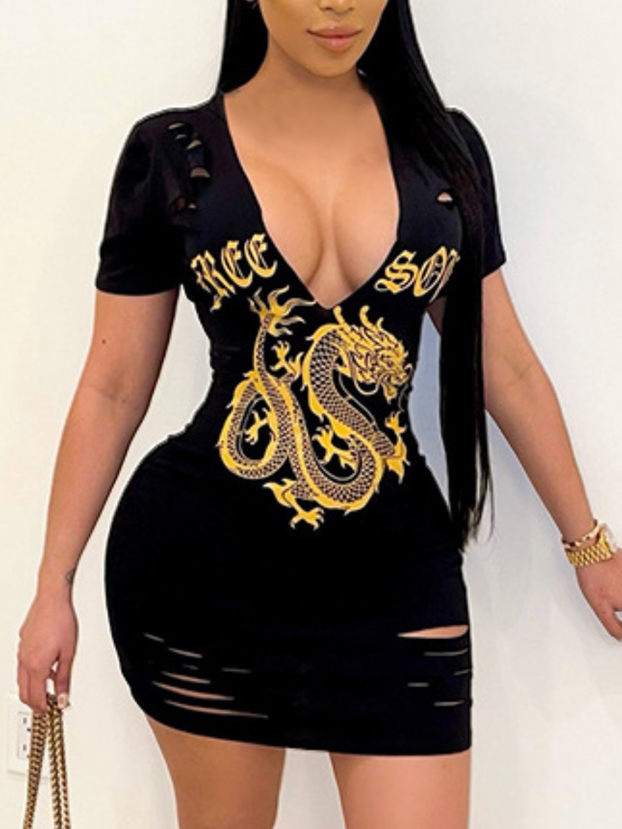 

Lovely Street Letter Print Broken Holes Black Mini Dress