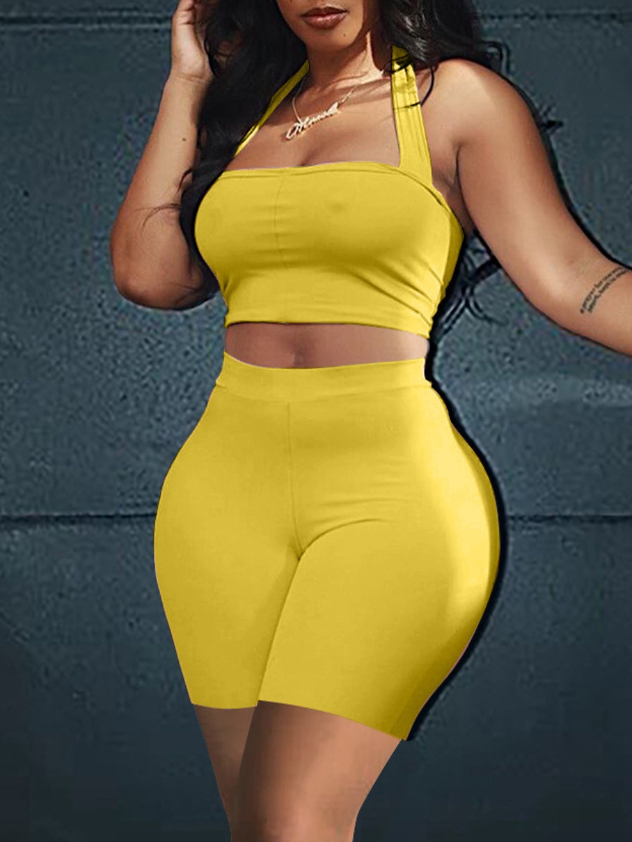 

Lovely Casual High-waisted Basic Skinny Yellow Two Piece Shorts Set