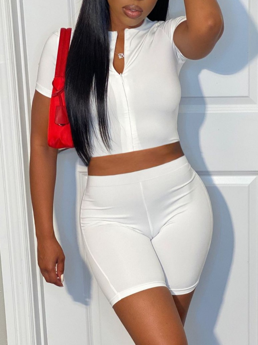 

Lovely Street Zipper Design Basic Skinny White Two Piece Shorts Set