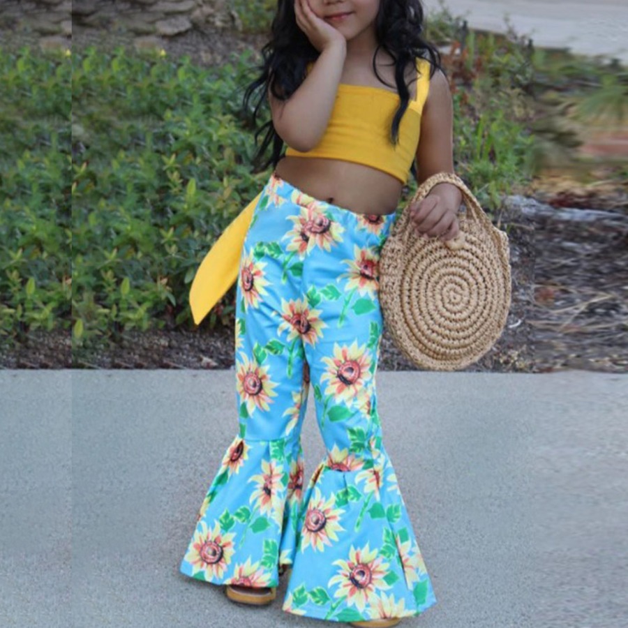 

Lovely Girl Sunflower Sweet Floral Print Bandage Design Flared Blue Two Piece Pants Set