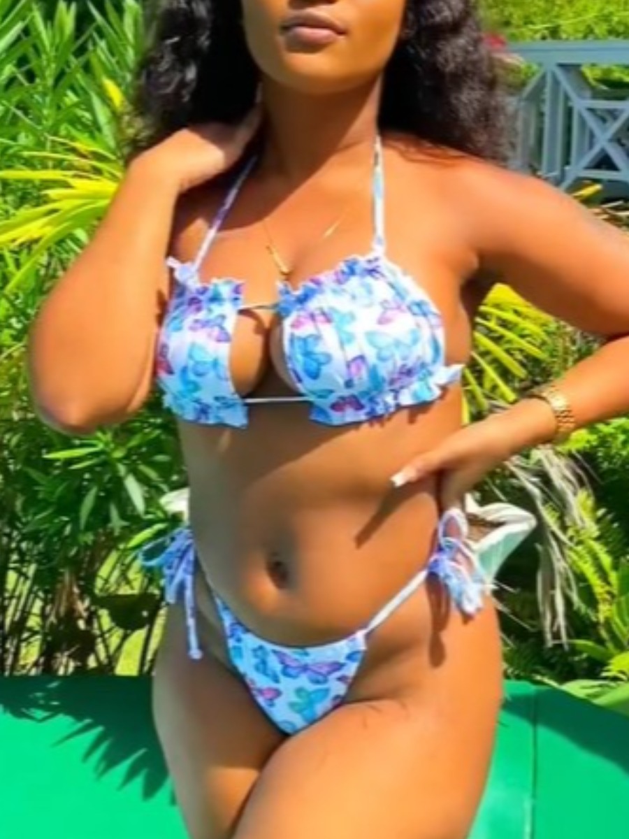 

Lovely Boho Butterfly Print Bandage Design Blue Two-piece Swimsuit