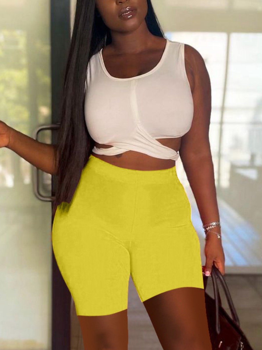 

LW Casual U Neck Hollow-out Yellow Two Piece Shorts Set, Rose red