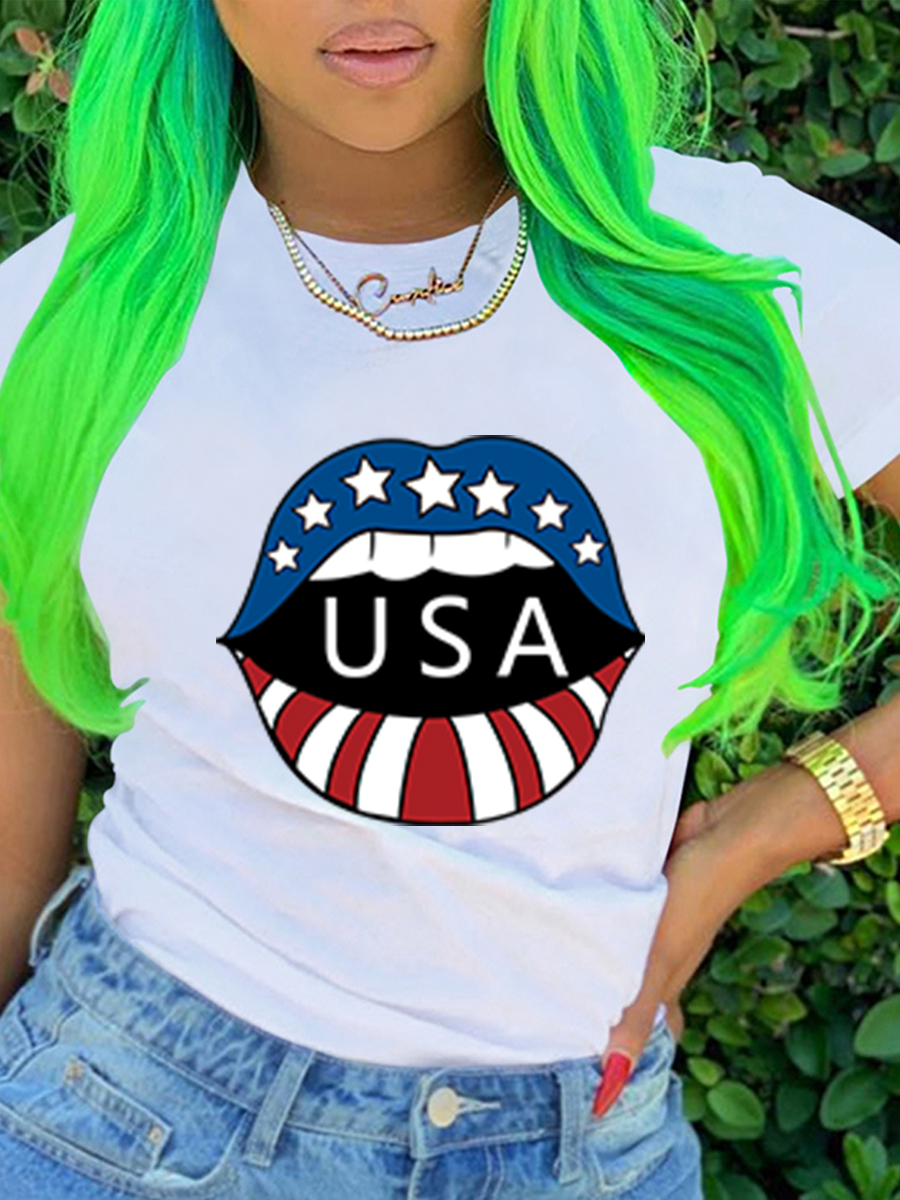

Lovely Casual Round Neck Lip Print White T-shirt