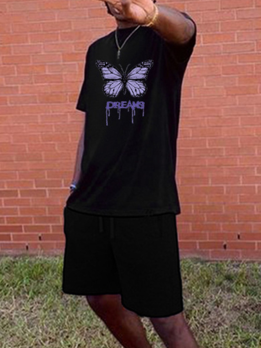 

Lovely Men Casual Butterfly Print Drawstring Black Two Piece Shorts Set