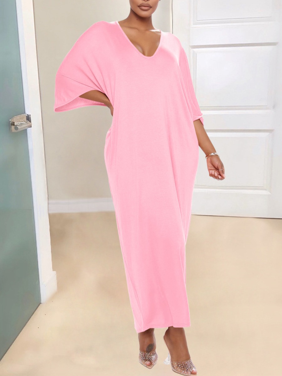 

LW Casual V Neck Loose Pink Ankle Length Dress