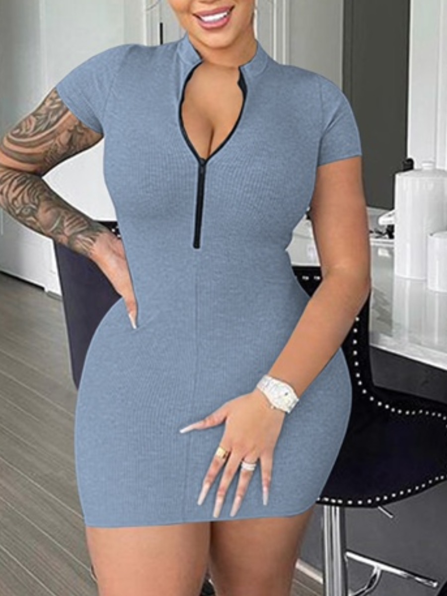 

Lovely Sporty Mandarin Collar Basic Skinny Dark Grey Mini Dress