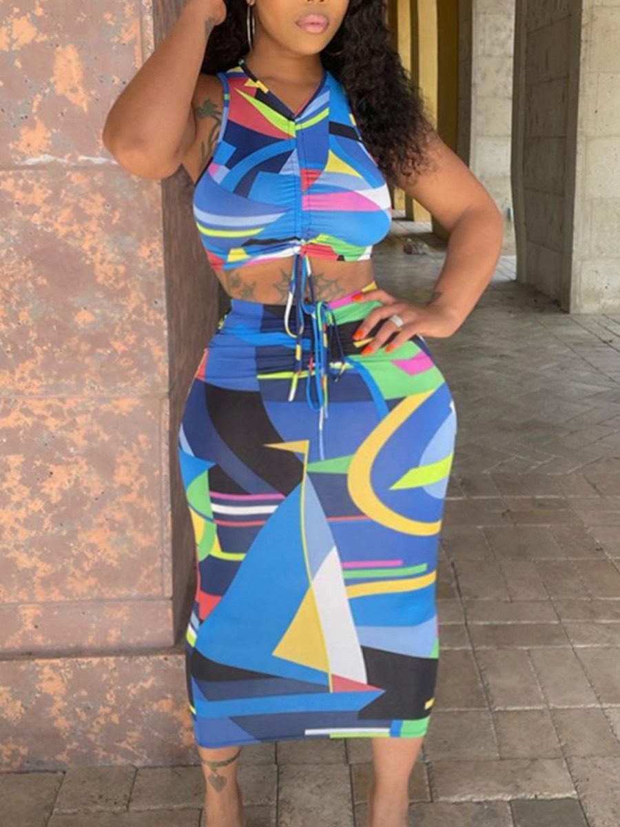 

Lovely Plus Size Boho Patchwork Drawstring Blue Two-piece Skirt Set