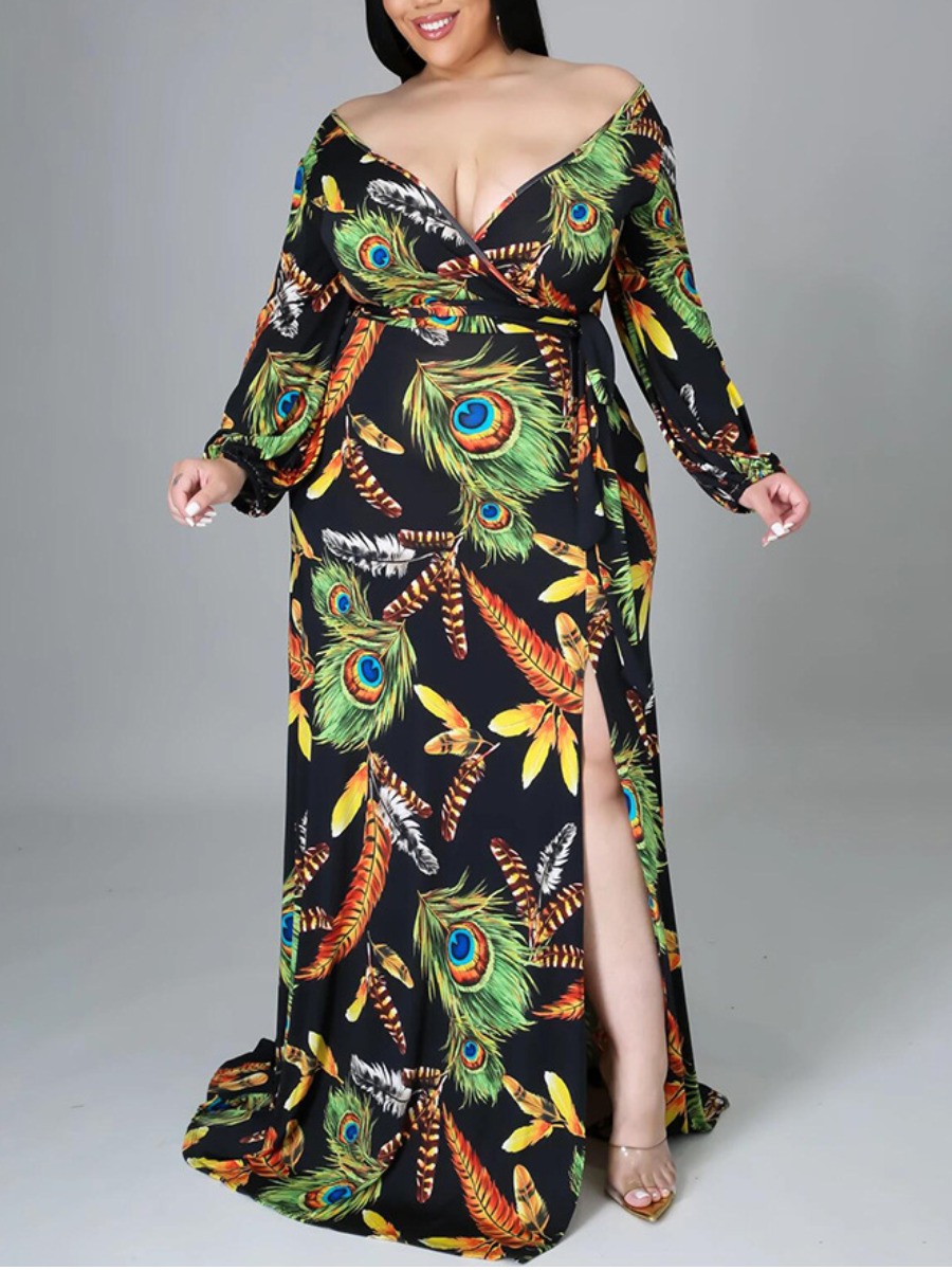 

LW Plus Size Sexy Peacock Print Split Black Floor Length Dress