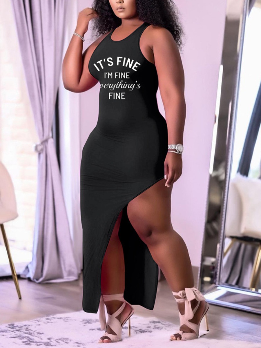 

Lovely Plus Size Street Letter Print Asymmetrical Black Ankle Length Dress