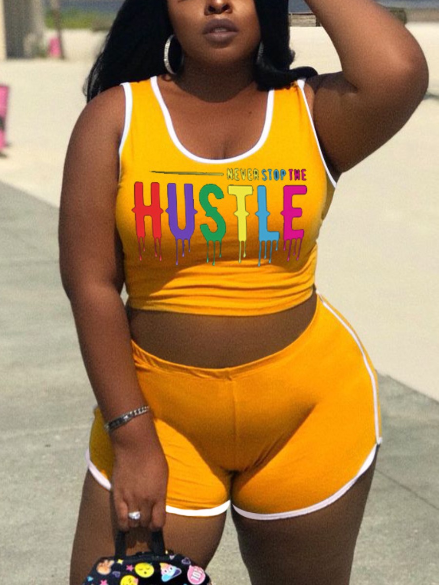 

Lovely Plus Size Sporty Striped Letter Print Yellow Two-piece Shorts Set