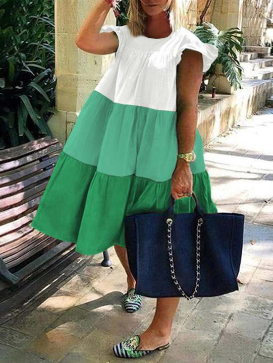 

Lovely Plus Size Casual Color-lump Fold Design Green Knee Length A Line Dress