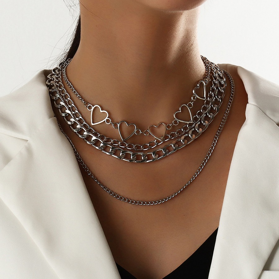 

LW Street Hollow-out Heart Decoration Silver Multilayer Necklace