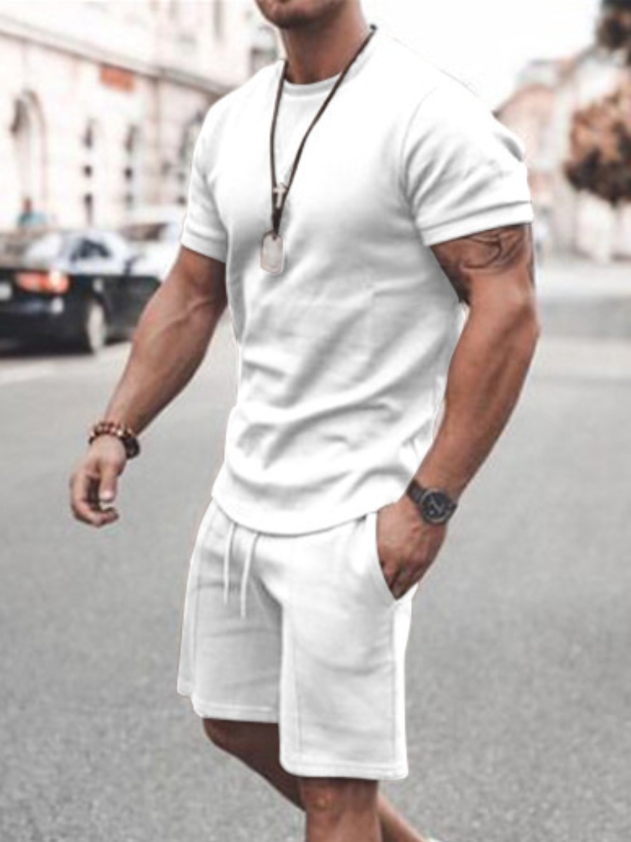 

Lovely Men Casual Round Neck Drawstring White Two Piece Shorts Set