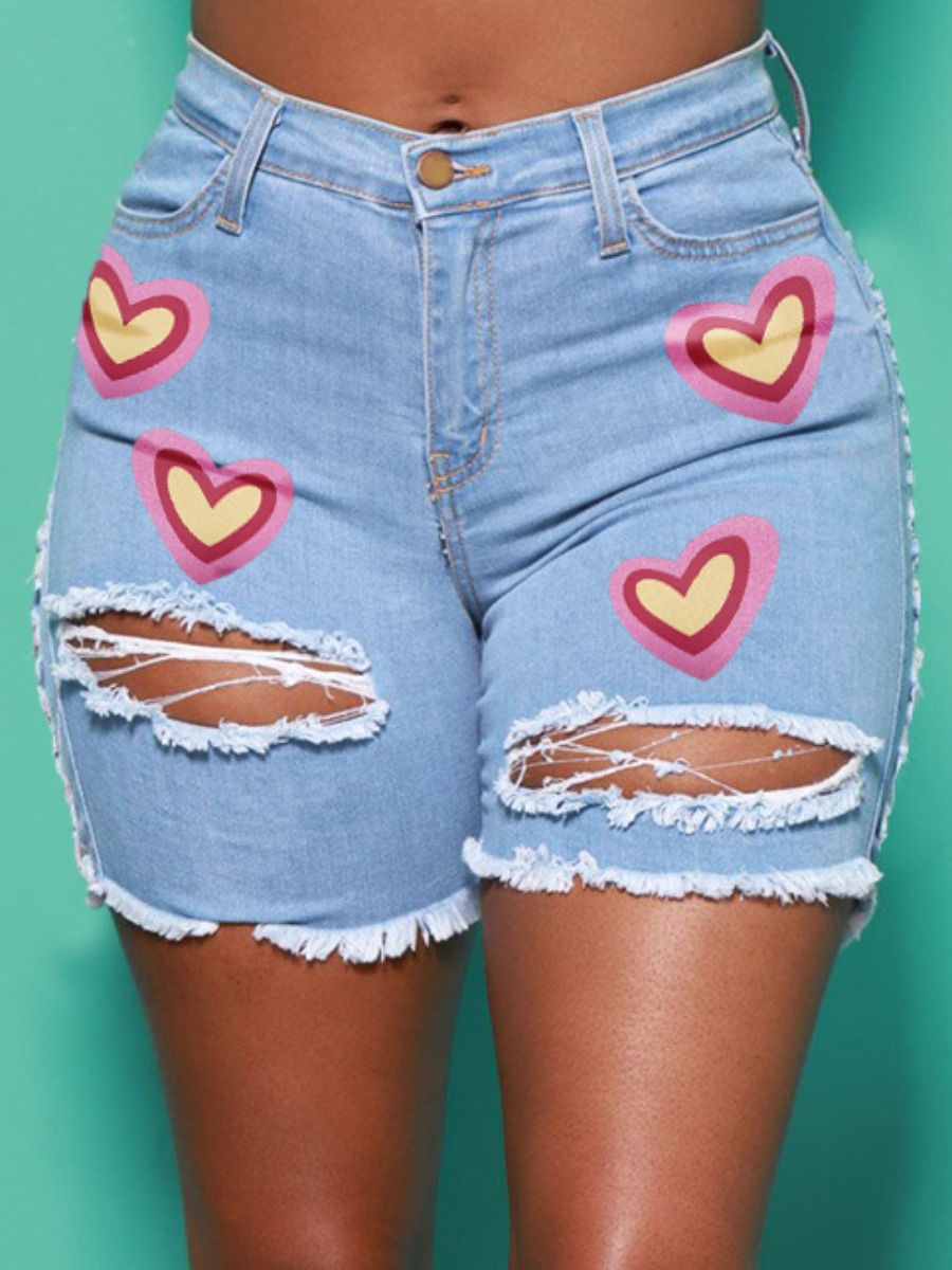 

LW Street Heart Print Ripped Baby Blue Denim Shorts