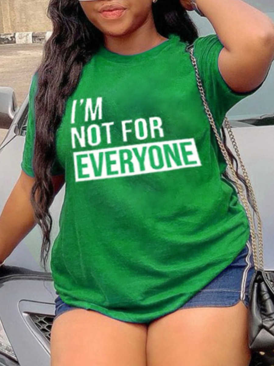

Lovely Plus Size Casual Round Neck Letter Print Grass Green T-shirt