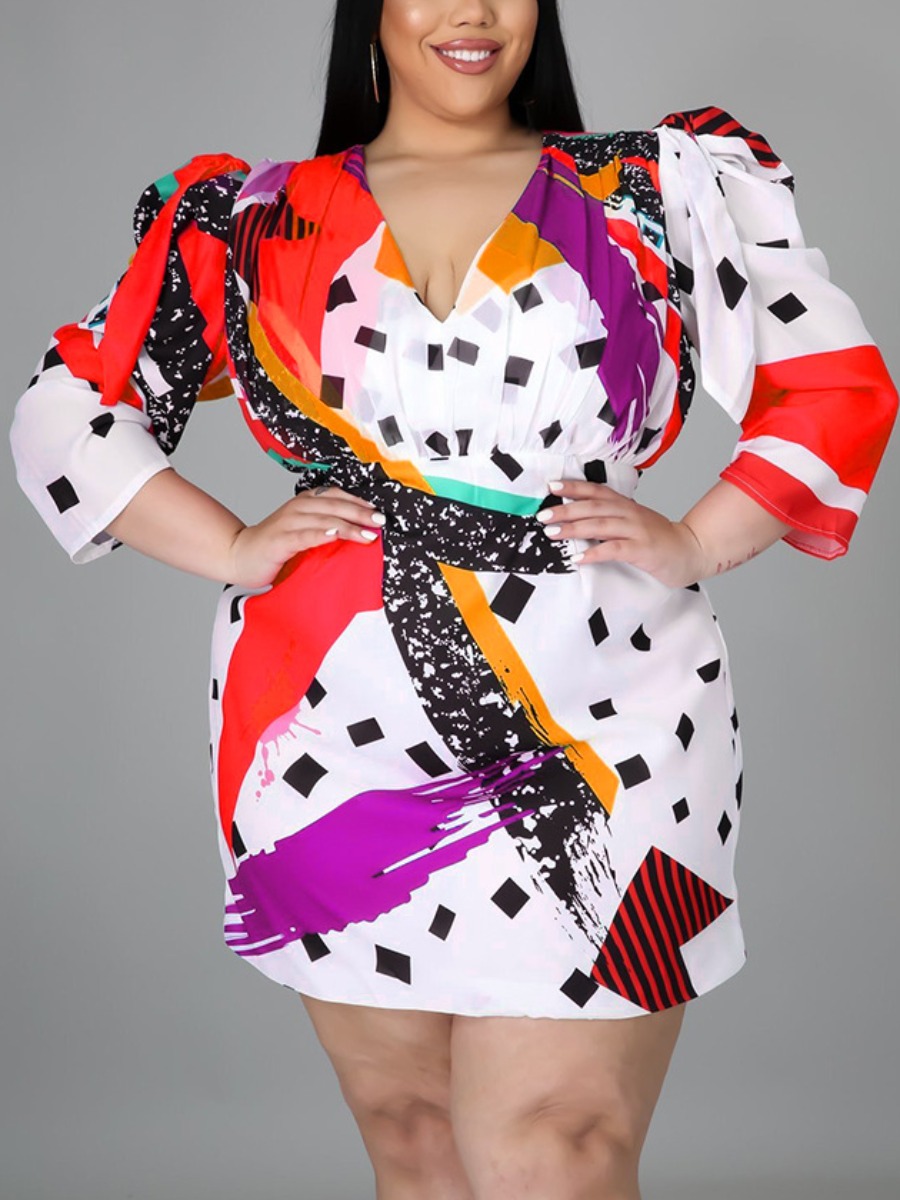 

LW BASICS Plus Size Mixed Print Ruffle Design Dress, White