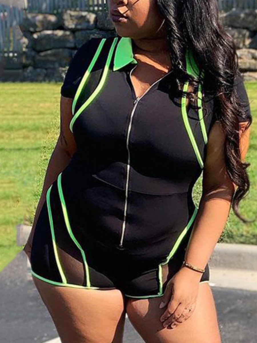 

Lovely Plus Size Sporty Turndown Collar Striped Black One-piece Romper