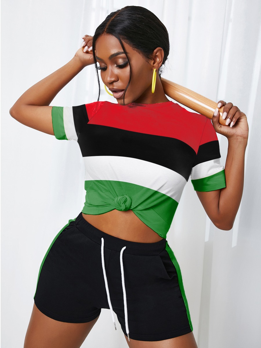 

LW Casual Striped Drawstring Black Two Piece Shorts Set