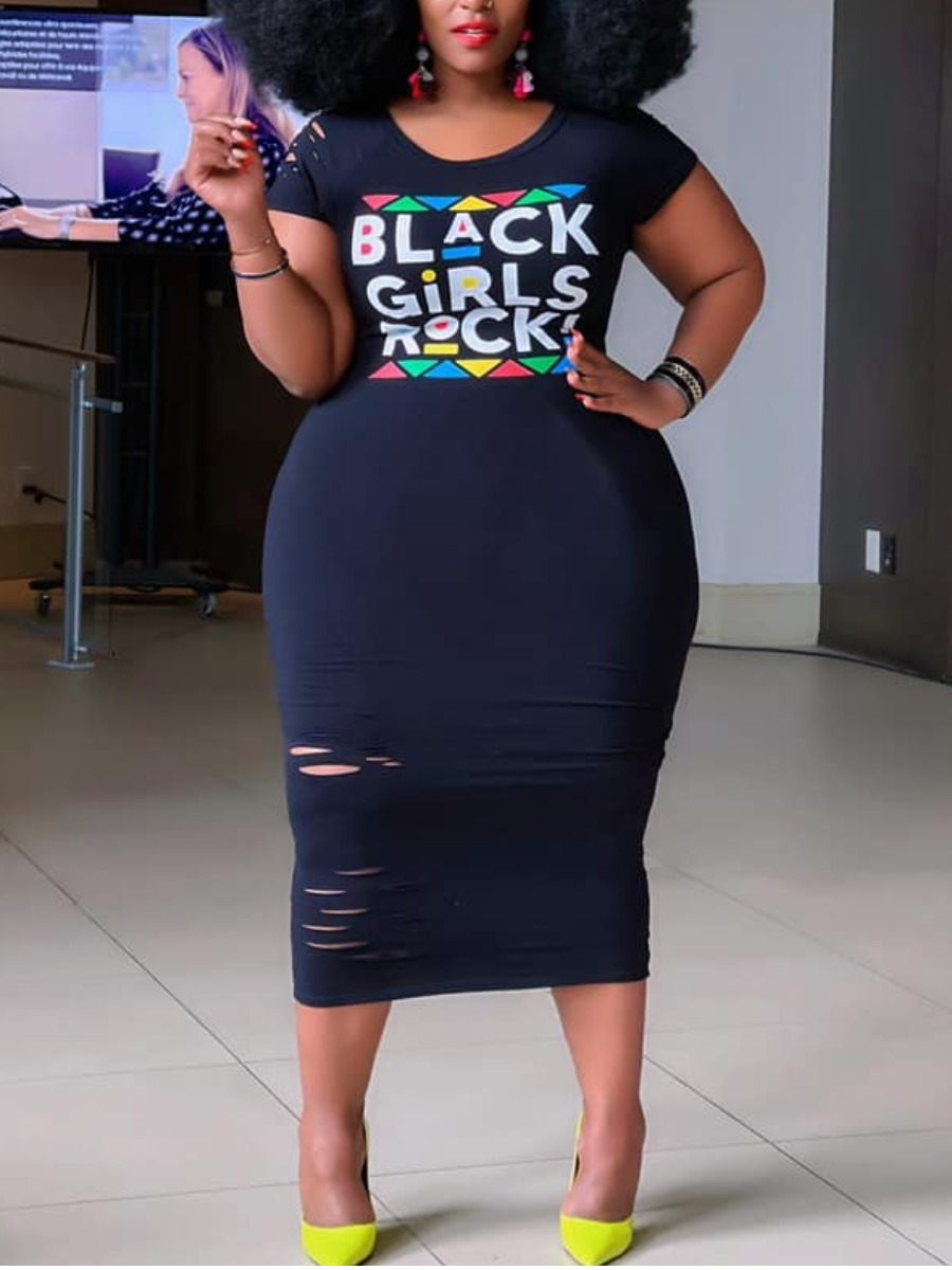 

LW Plus Size Casual Letter Print Ripped Black Mid Calf Dress