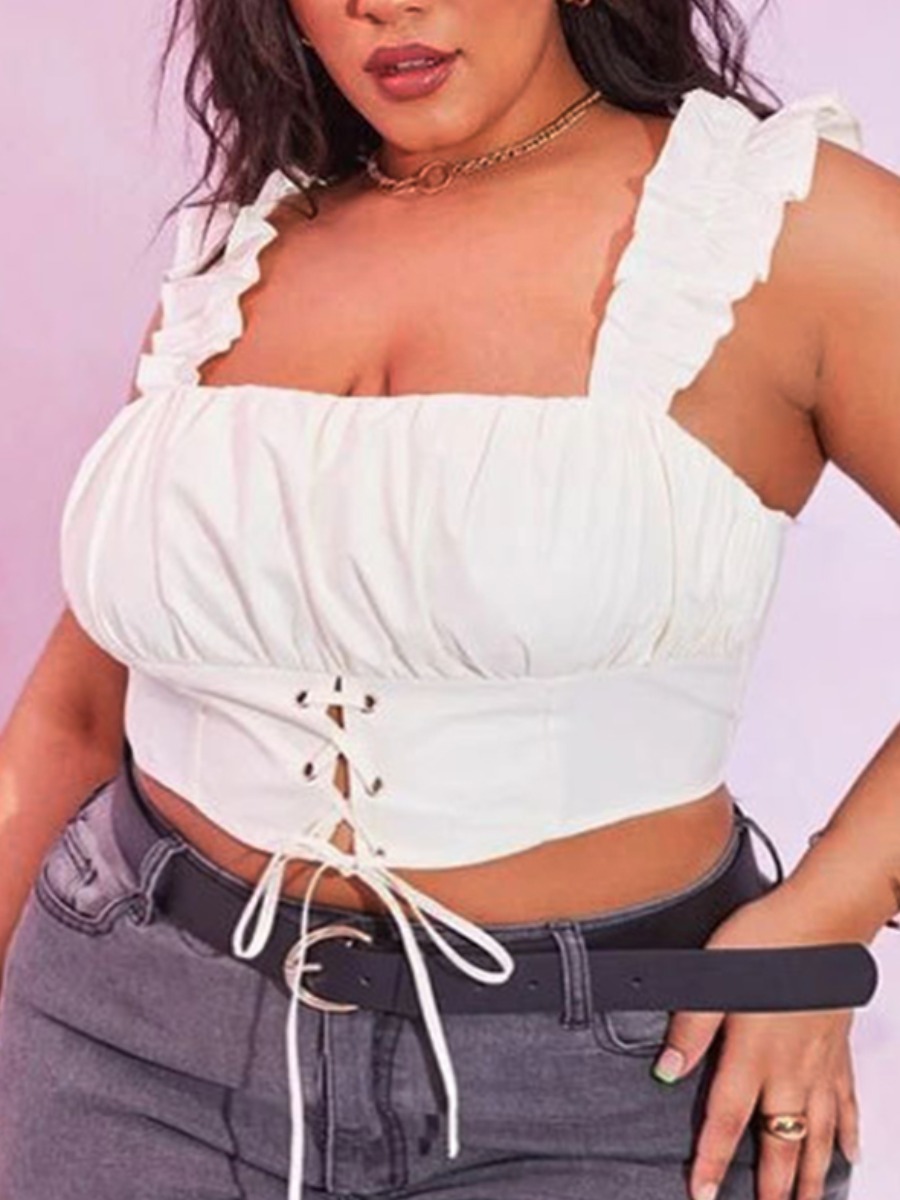 

Lovely Plus Size Casual Bandage Flounce Design White Camisole
