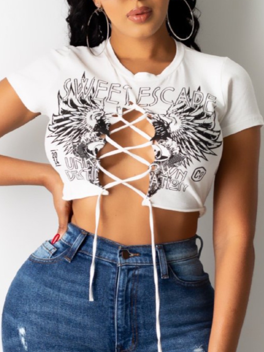 

LW Sexy Bandage Hollow-out Design White T-shirt