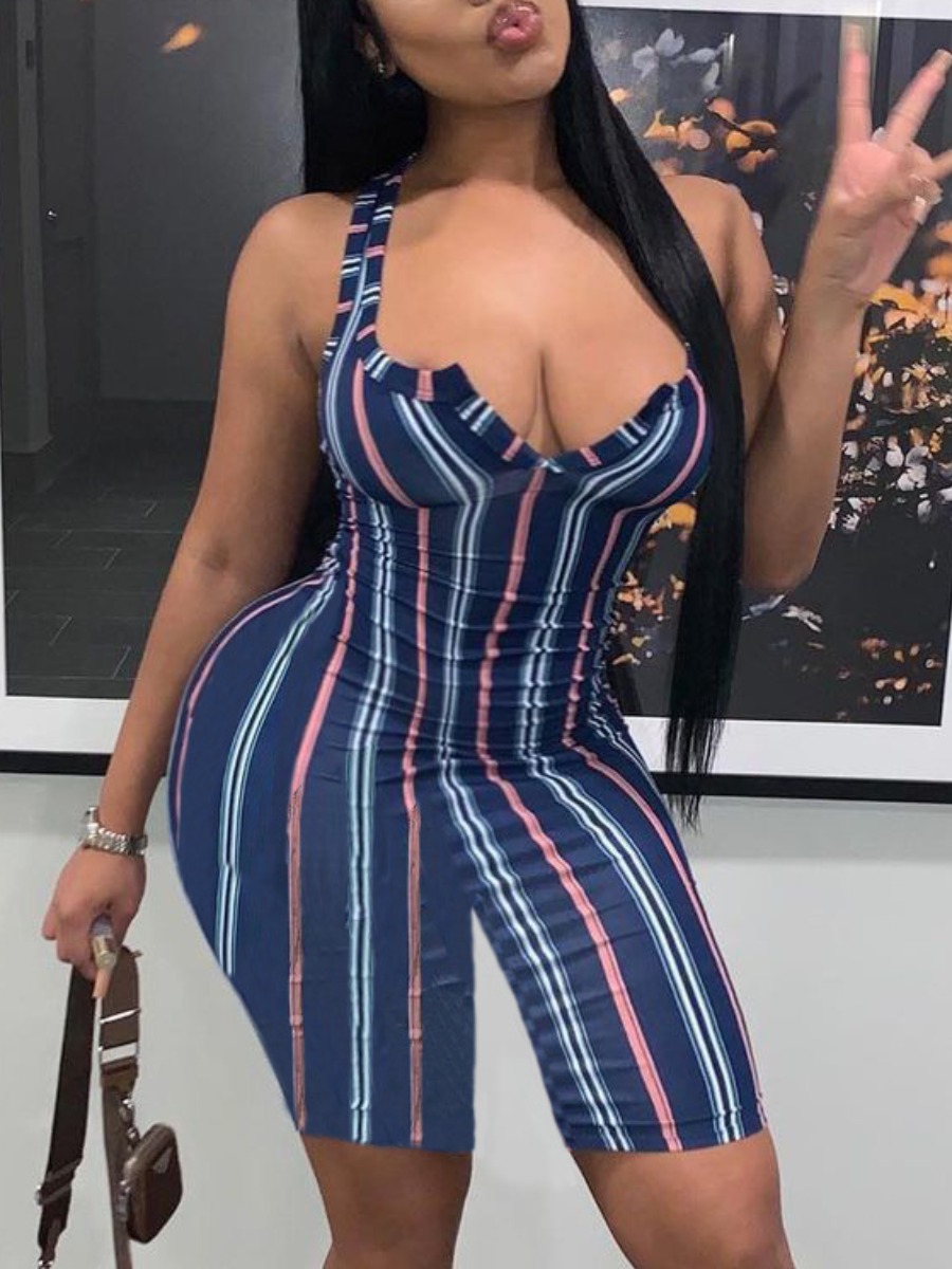 

Lovely Sweet V Neck Striped Blue One-piece Romper