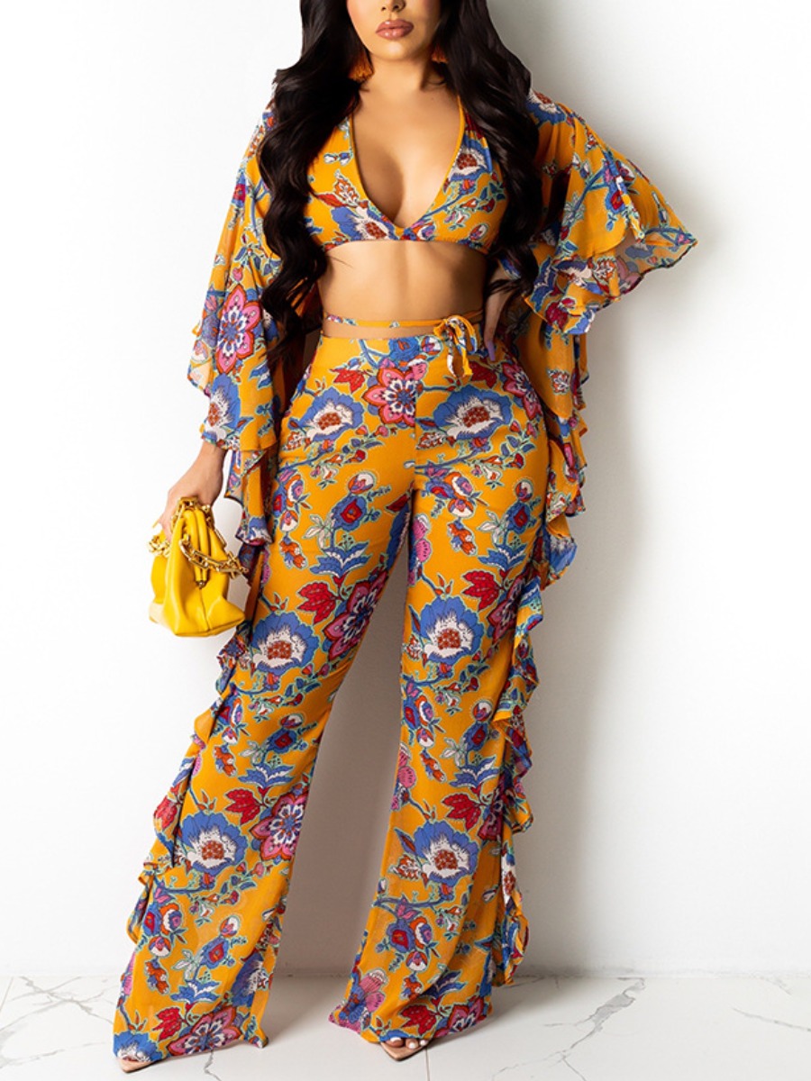 

Lovely Sexy Floral Print Flounce Design Yellow Two Piece Pants Set