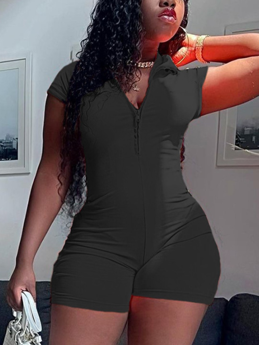 

LW Casual Turndown Collar Zipper Design Black One-piece Romper