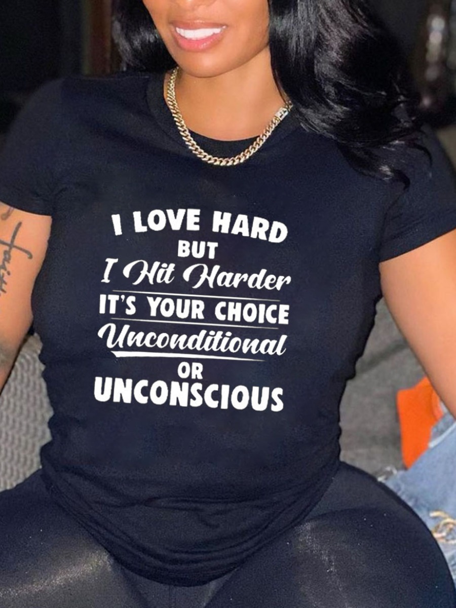 LW Casual Round Neck Letter Print Black T-shirt
