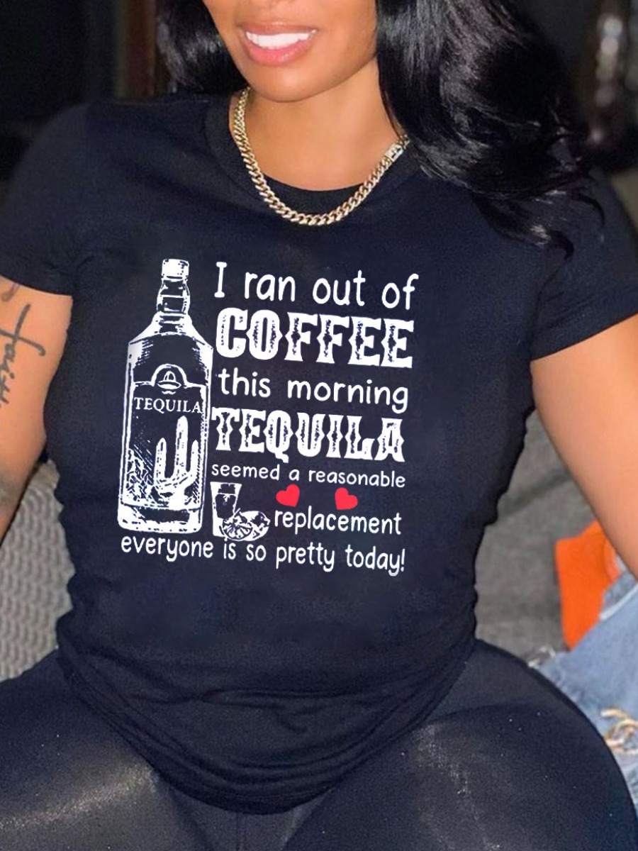 

Lovely Casual Round Neck Letter Print Black T-shirt
