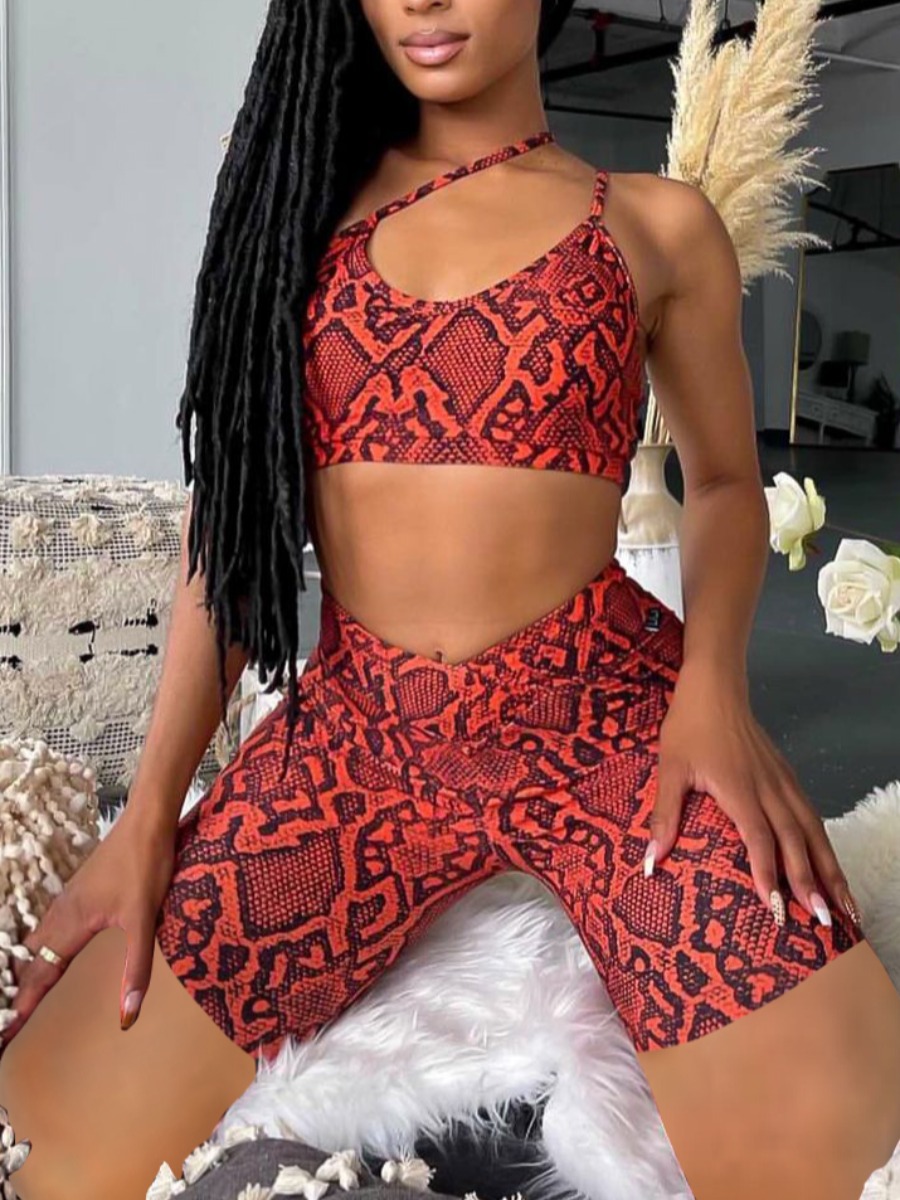 

Lovely Sporty One Shoulder Cobra Print Red Two Piece Shorts Set