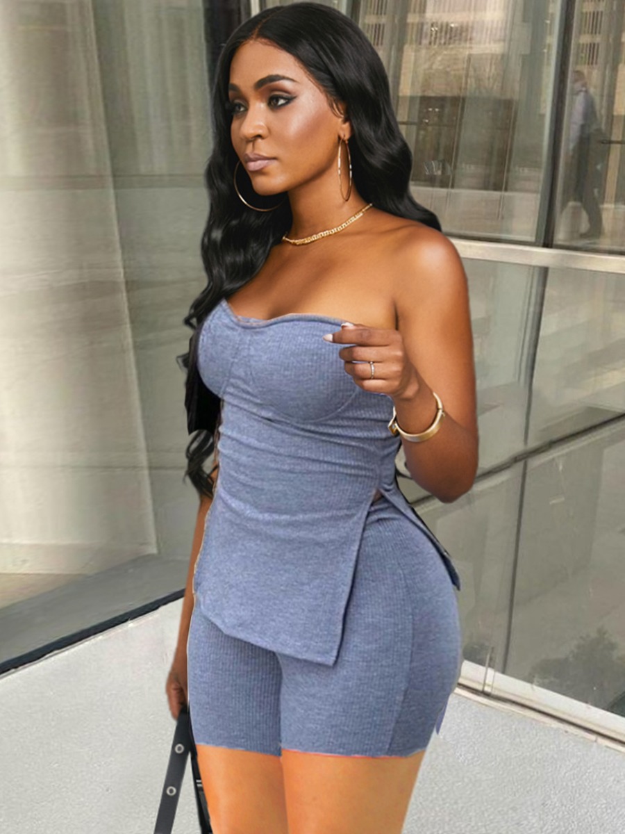 

LW BASICS Off The Shoulder Side Split Shorts Set, Grey