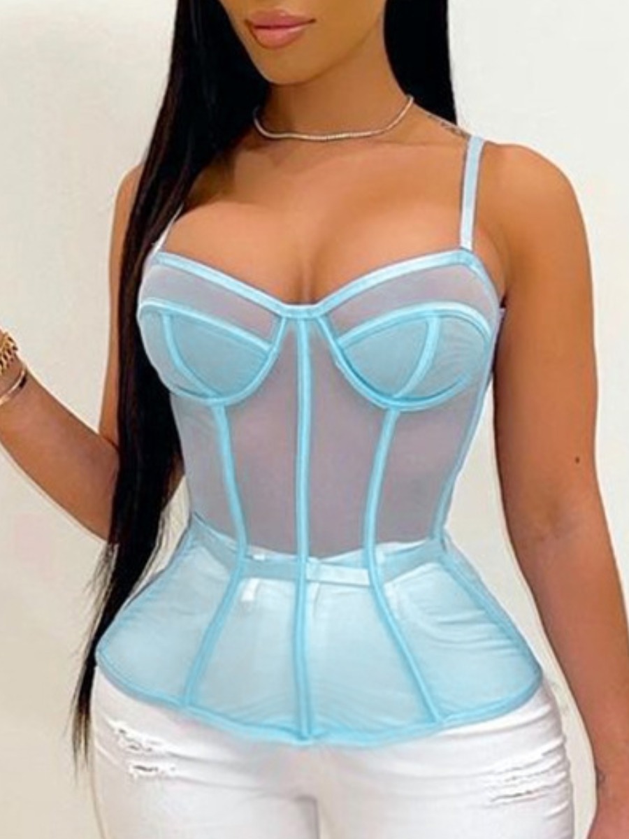 

Lovely Sexy See-through Basic Skinny Blue Camisole