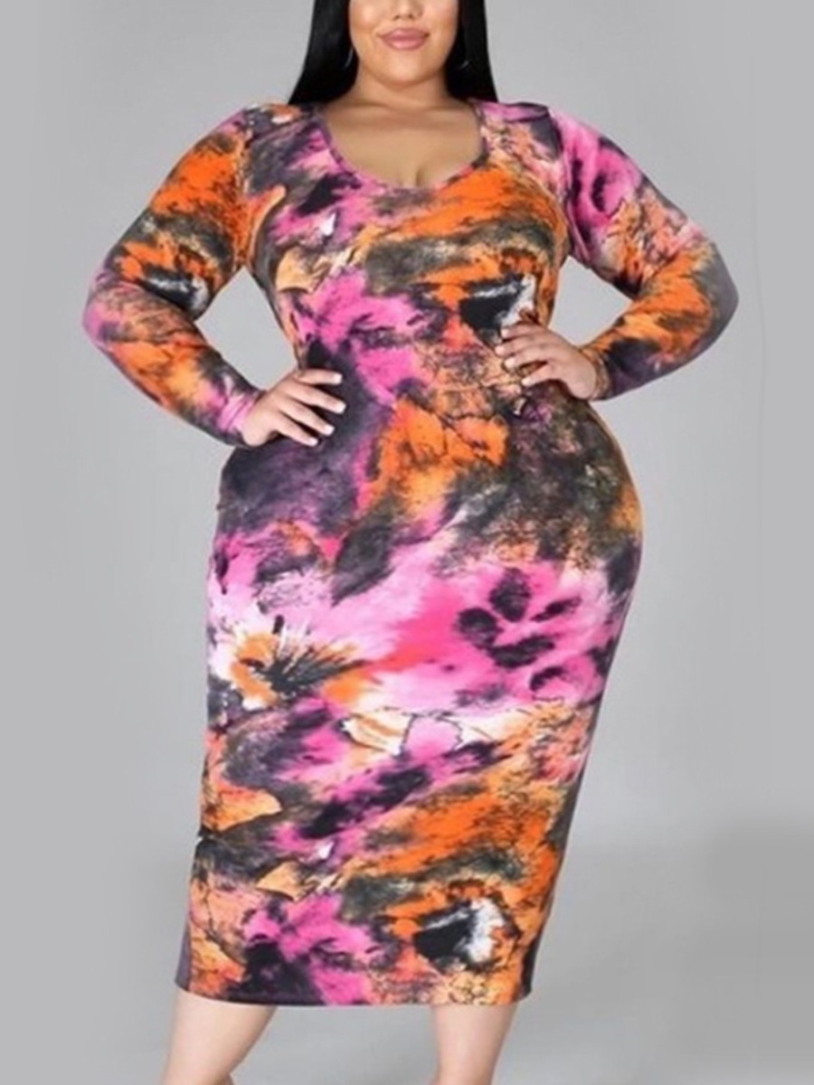 

Lovely Plus Size Casual Floral Print Slit Rose Red Mid Calf Dress