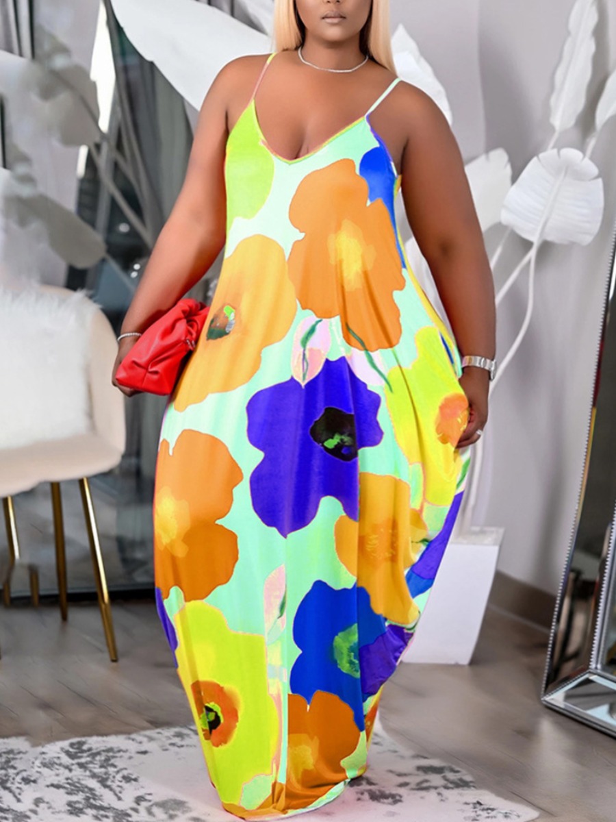 

Lovely Plus Size Casual V Neck Floral Print Yellow Floor Length Dress