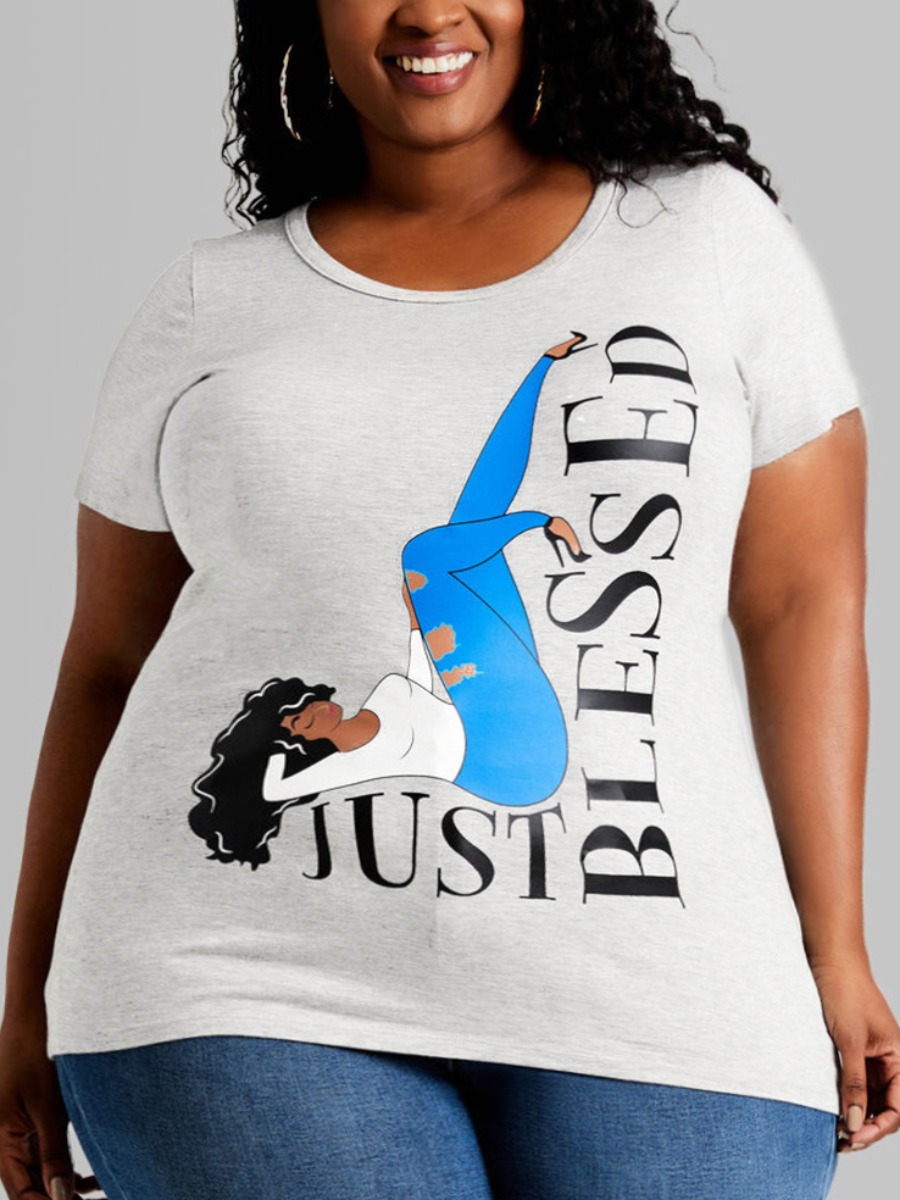 

Lovely Plus Size Casual Round Neck Letter Print Greyish White T-shirt