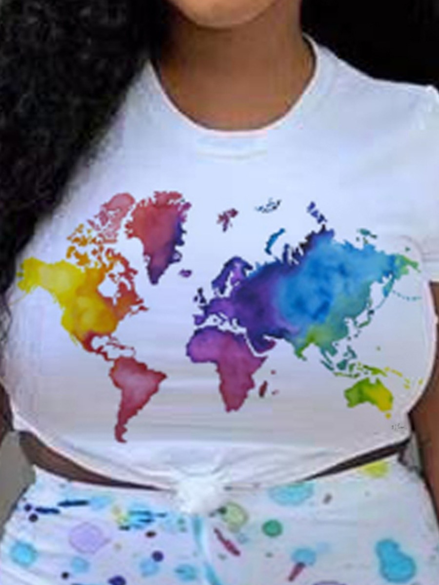 

Lovely Plus Size Casual Round Neck Tie-dye White T-shirt