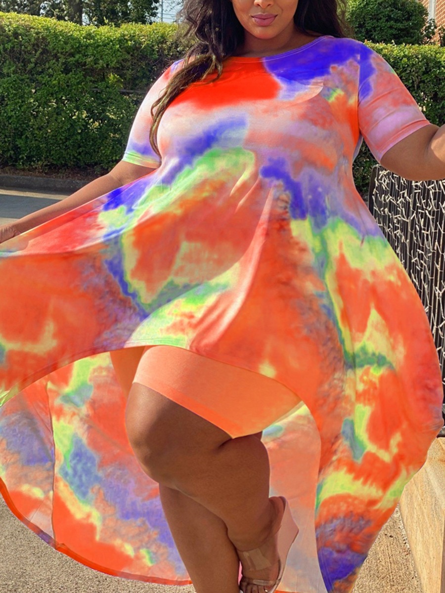 

Lovely Plus Size Casual Round Neck Tie-dye Orange Two-piece Shorts Set