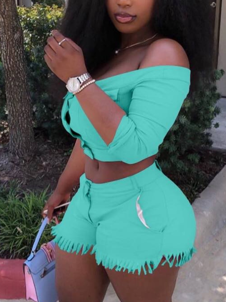 

Lovely Street Off The Shoulder Tassel Design Green Two Piece Shorts Set