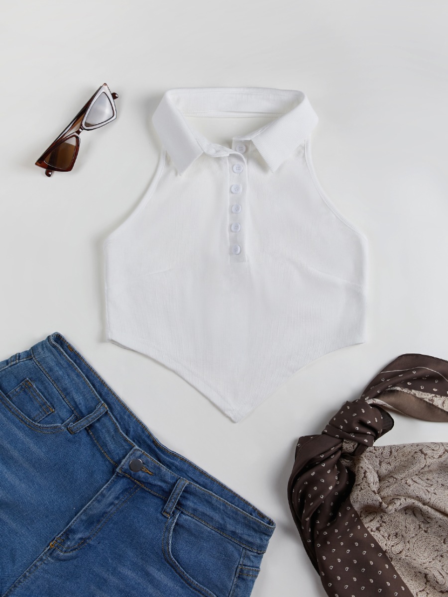 

Lovely Casual Turndown Collar Asymmetrical White Camisole