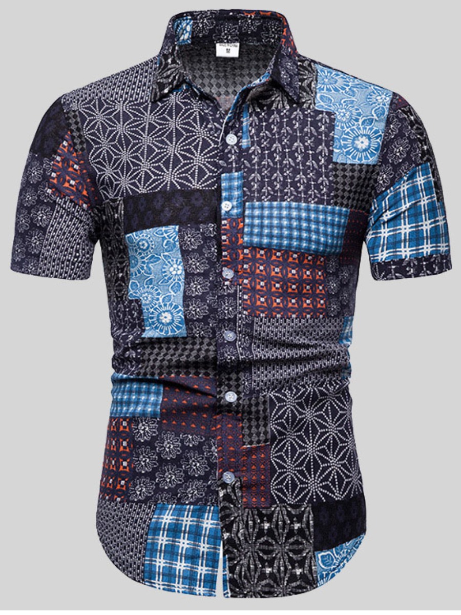 

Lovely Men Boho Plaid Print Patchwork Multicolor Shirt, Multi