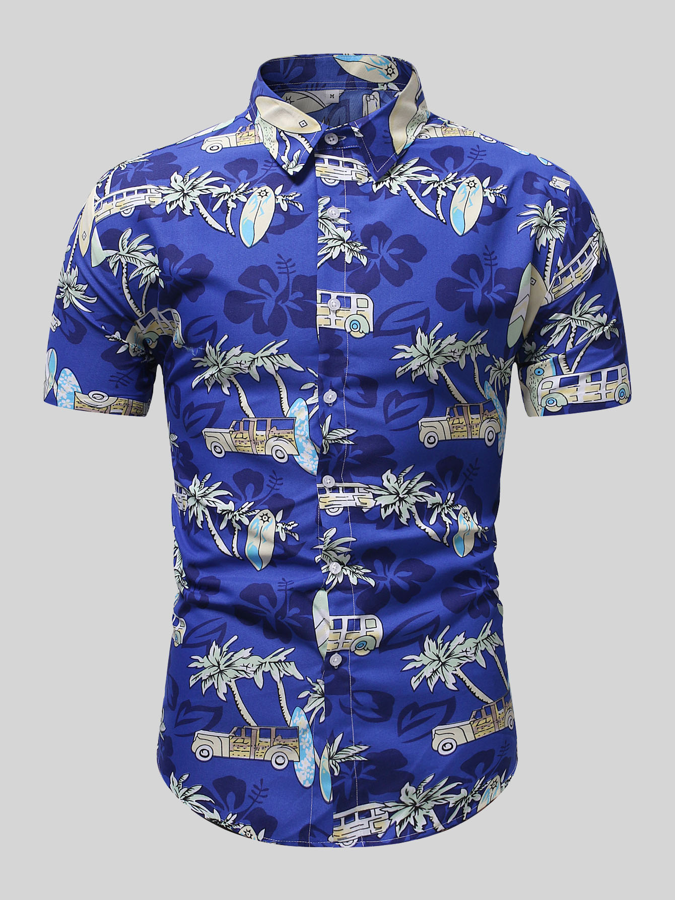 

Lovely Men Boho Car Plant Print Blue Shirt