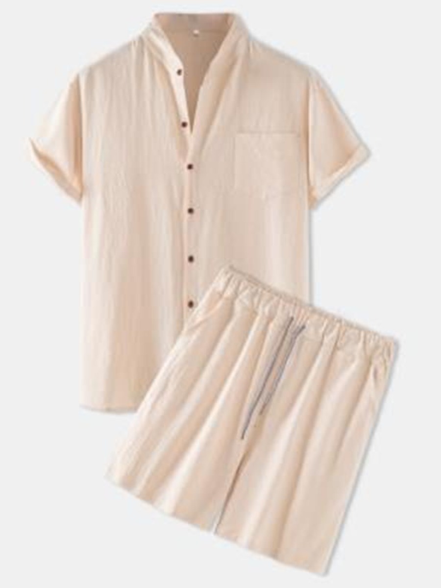 

Lovely Men Casual Button Design Drawstring Beige Two Piece Shorts Set