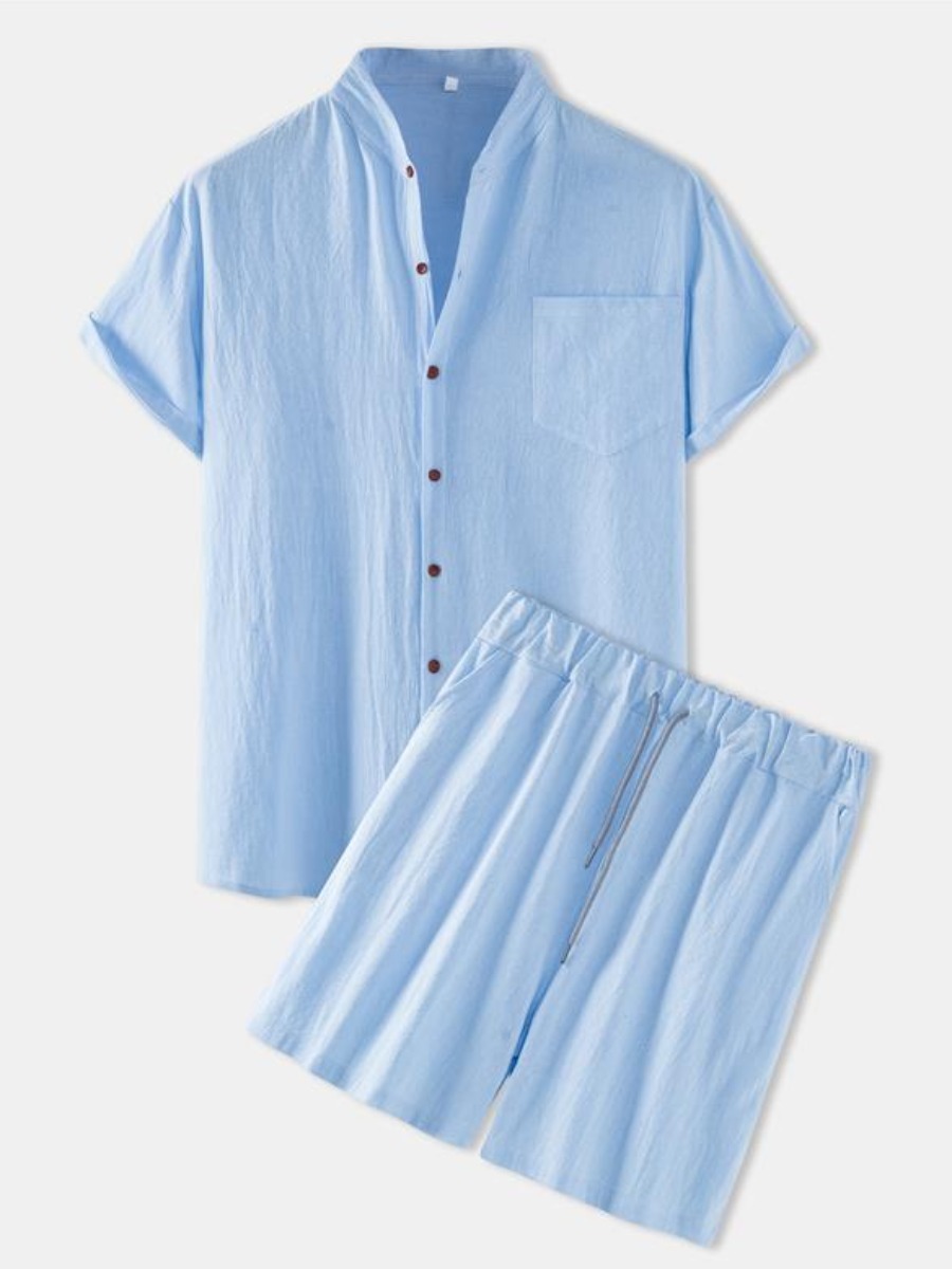 

Lovely Men Casual Button Design Drawstring Baby Blue Two Piece Shorts Set