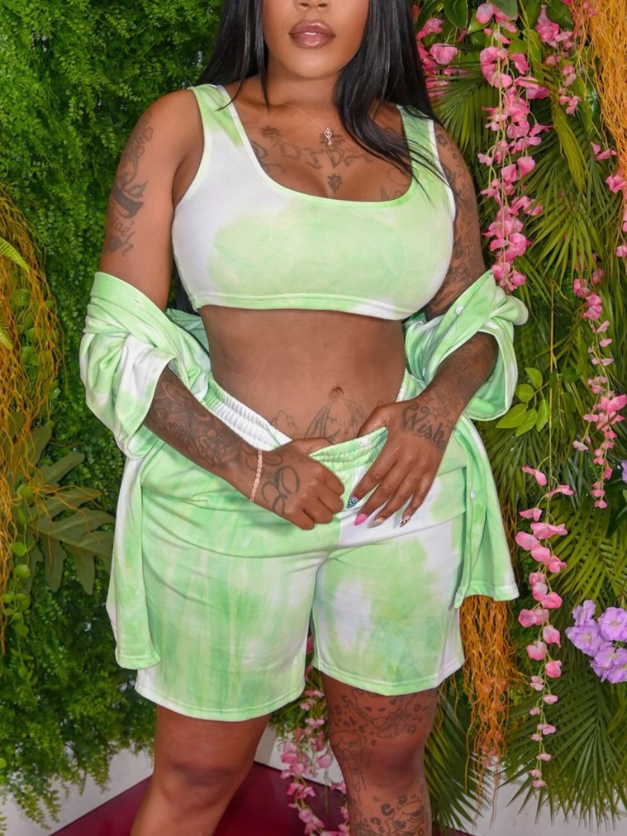 

Lovely Casual Turndown Collar Tie-dye Green Three Piece Shorts Set