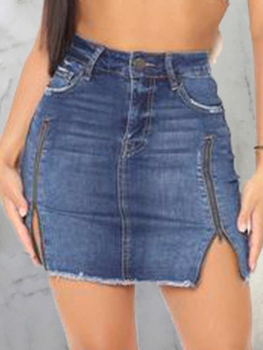 

Lovely Casual Raw Edge Zipper Design Blue Mini Denim Skirt