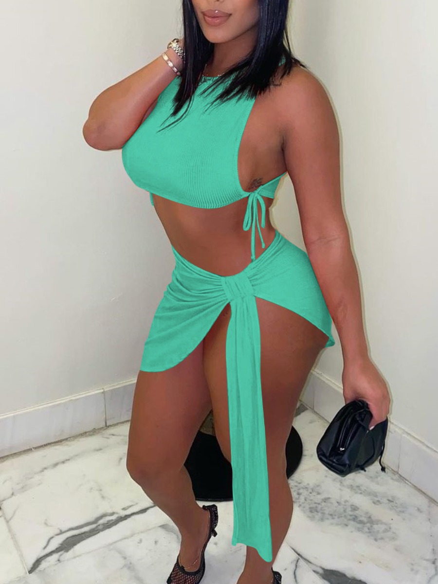

Lovely Sexy Round Neck Bandage Design Cyan Two Piece Skirt Set