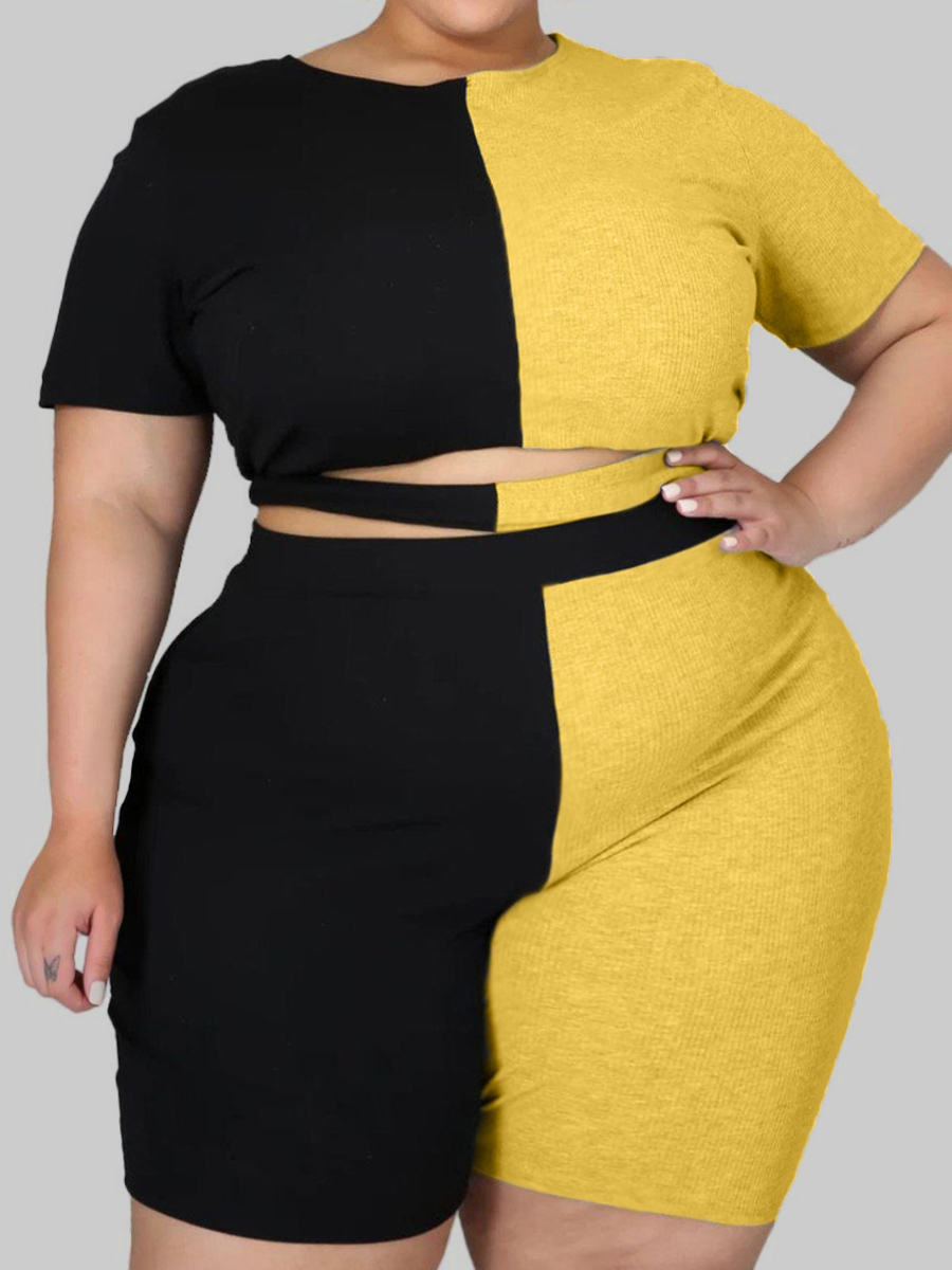 

LW Plus Size Casual Color-lump Hollow-out Yellow Two-piece Shorts Set