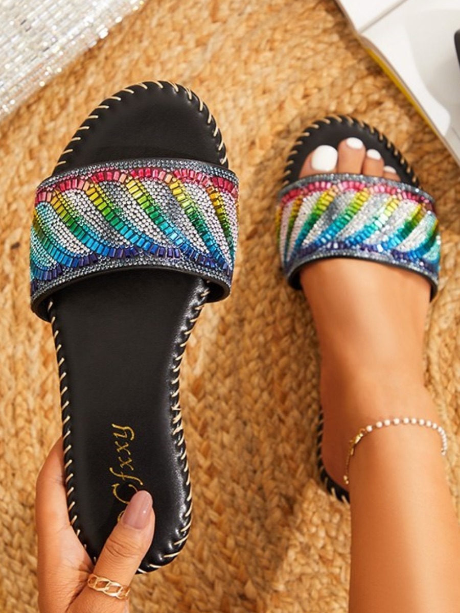 

LW Casual Crystal Decoration Black Slippers